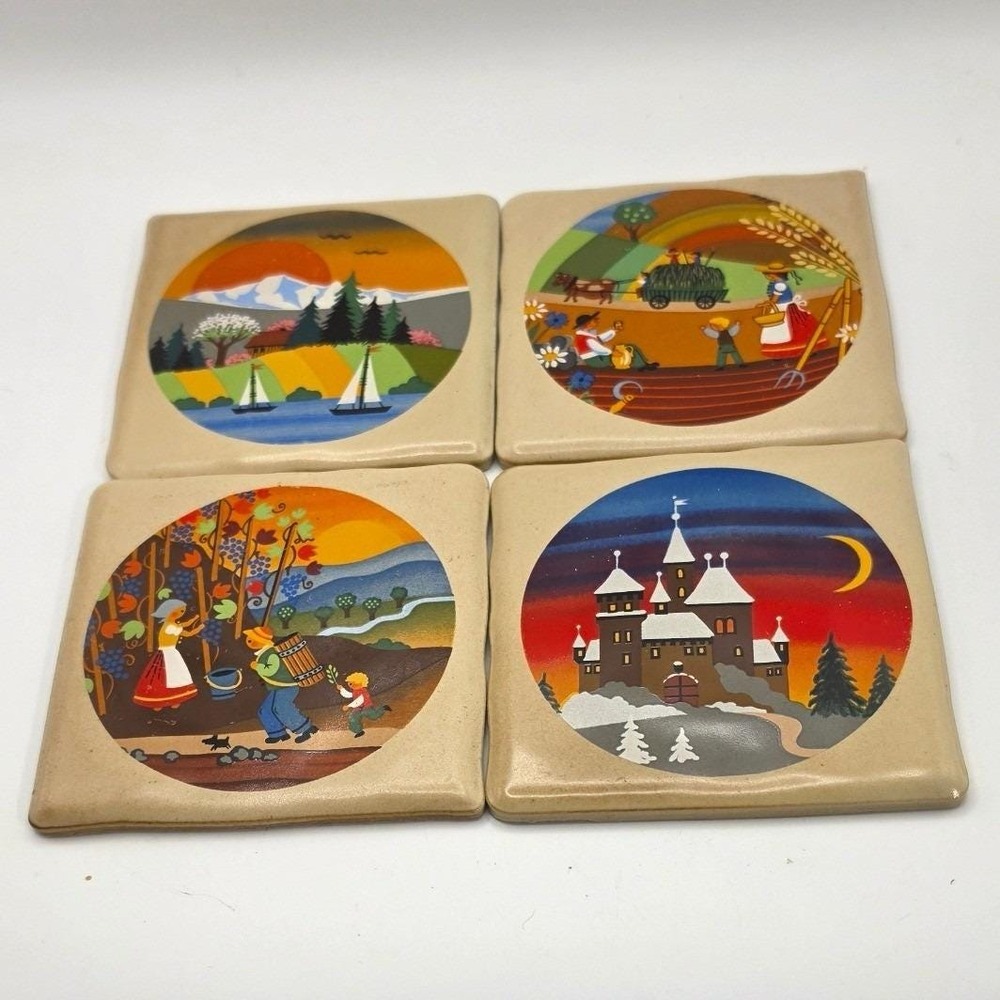 4 vtg Four Seasons Folk Art Ceramic Pottery Wall Hanging Tiles Fürstenhöfer